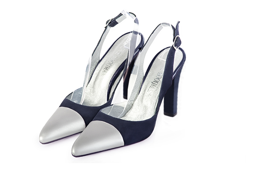 Women's silver and navy blue elegant slingback heels. Tapered toe. High kitten heels - Front view